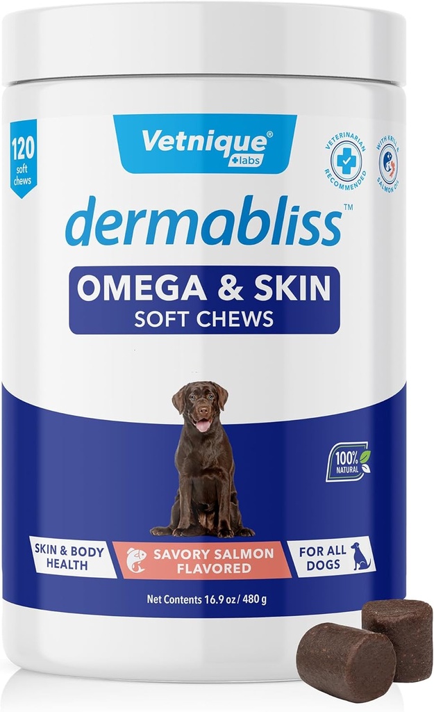 Vetnique Dermabliss Omega & Skin Health Fish Oil for Dogs Soft Chews Skin & Coat per cani con Biotin & DHA - Hickory Salmon Dog Treats (120 conte Chews)