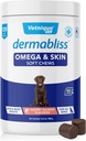 Vetnique Dermabliss Omega & Skin Health Fish Oil for Dogs Soft Chews Skin & Coat per cani con Biotin & DHA - Hickory Salmon Dog Treats (120 conte Chews)