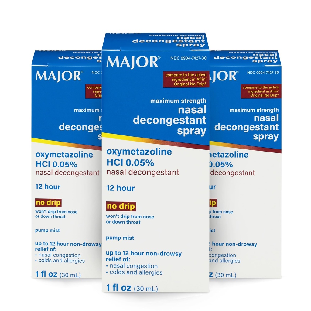 Spray di decongestione nasale di massima resistenza MAJOR, Oxymetazolina HCl 0.05% Pompa Mist, spray nasale non-Drowsy, fino a 12-Hour Rilievo da Congestione nasale, Colds e Allergies 1 Fl. Oz. (3-Pack)