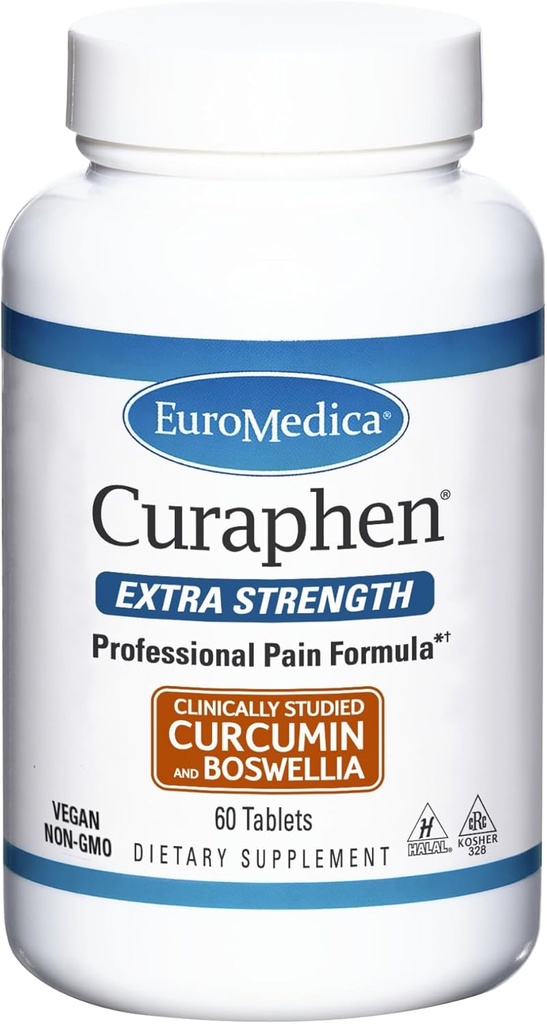 EuroMedica Curaphen Extra Strength - 60 Tablets - Formula professionale - Curcumina Potente & Boswellia con DLPA & Nattokinase - Altamente assorbibile - 60 Serve