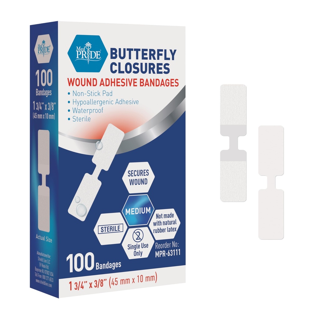 MED PRIDE Butterfly Wound chiusura strisce Pack di 100 sterile antiaderente Ipoallergenico Latex Free Bandages per tagli e lesioni (Medium)