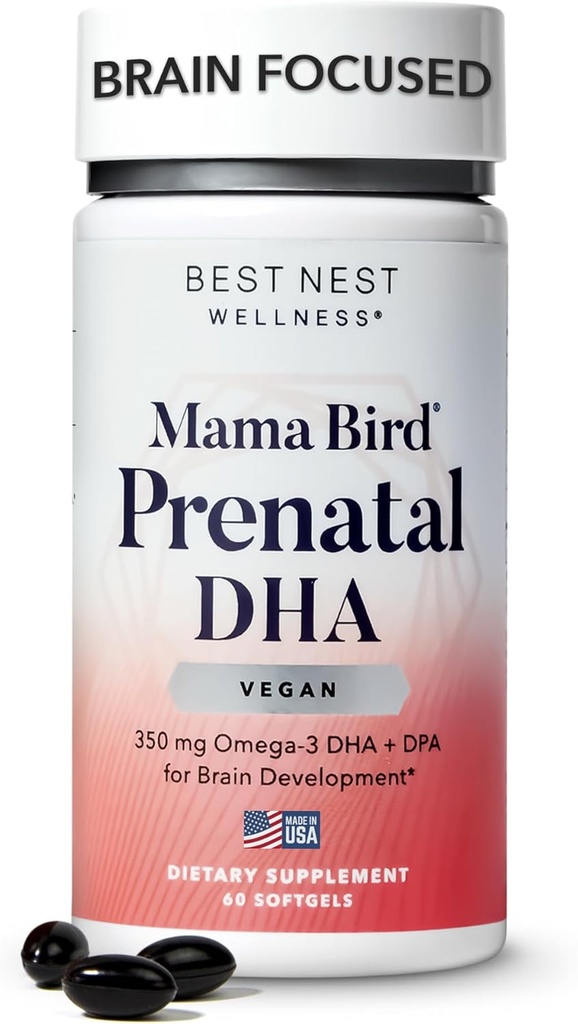 Best Nest Wellness Mama Bird Vegan Prenatal DHA - Brain & Eye Support Supplemento per Baby - Vegan Prenatal Supplement con Algae DHA - Integratore nutrizionale per la mamma - 60 Softgels