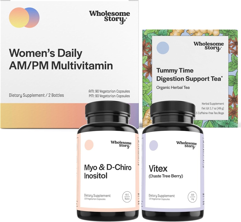PMS Support Bundle | Myo-Inositol & D-Chiro Inositol Blend Capsule 30-Day Supply | Vitex Chasteberry Supplemento per le donne 120-Day Supply | Premium Multivitamin per le donne | Mattina Malattia Tea 15ct