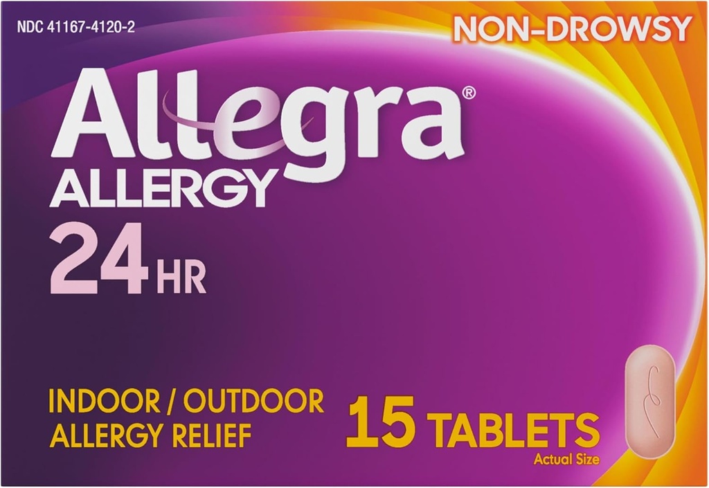 Allegra Adulto 24HR Antistamina non sonnolenta, 15 compresse, Rilievo del sintomo di allergia rapida, 180 mg