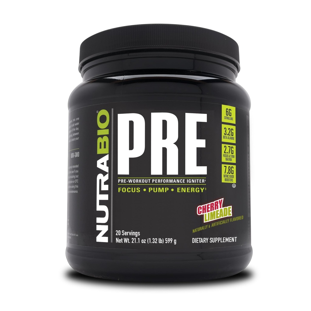 NutraBio PRE polvere di allenamento - Old Formula-Sustain Energy, Mental Focus, Endurance - Beta Alanine, Creatina, Caffeina, Elettroliti - 20 Serve - Cherry Limeade