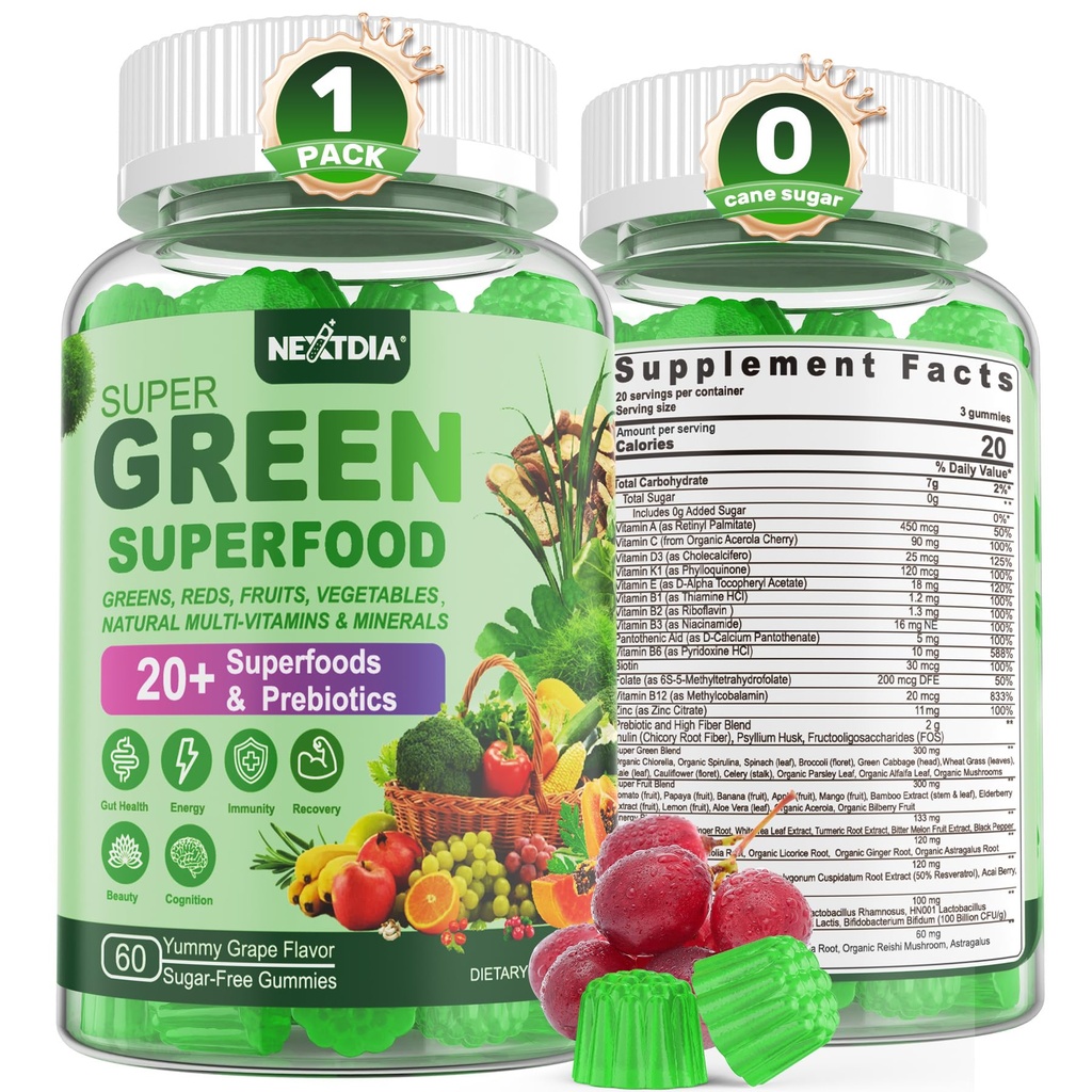 Super Greens Gummies, Greens Superfood Polvere alternativa w/Spirulina, clorella, fibra prebiotica, probiotico, verdura di frutta, verdura quotidiana verdure per la salute digestiva & Gut, immunità, messa a fuoco, 60 Ct