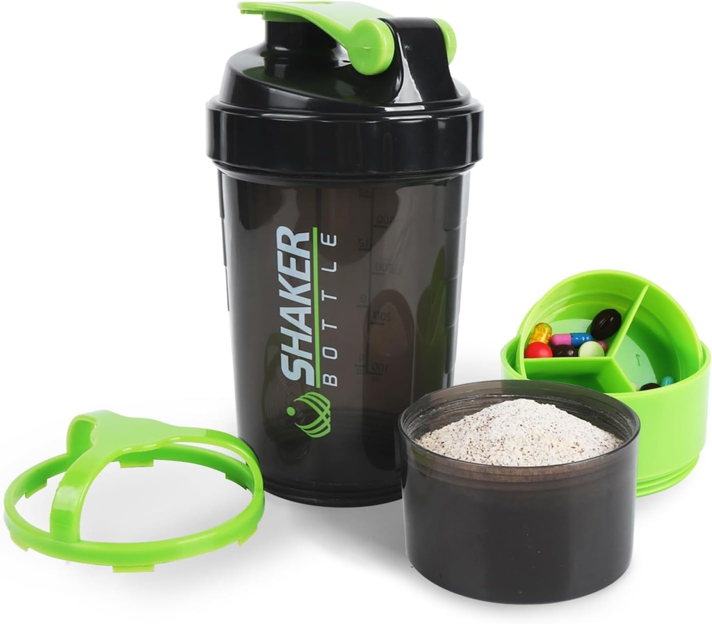 Shaker Bottiglia - Protein Shaker Cup with Storage Compartments - Bottiglie di allenamento a prova di perdite con Mixer per miscelatore di liscio-500ML/16oz (GREEN & BLACK)