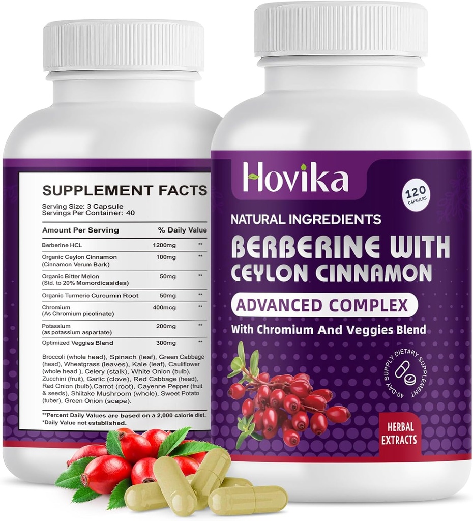 Berberina HCL capsule 1200 mg - Integratore berbero con cannella di Ceylon, cromo, miscela di verdure - Supporta il metabolismo e il sistema immunitario, Gut Health - 120 ct Facile da ingoiare Vegan Pills
