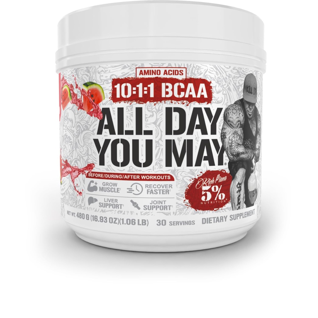 5% Nutrition Rich Piana AllDayYouMay BCAA Powder | Premium Intra & Post Workout Aminoacidi, EAA, Electrolytes | Idratazione, Endurance, Recovery | Vegan & Keto | 16.9 oz, 30 Srvgs (Watermelon)