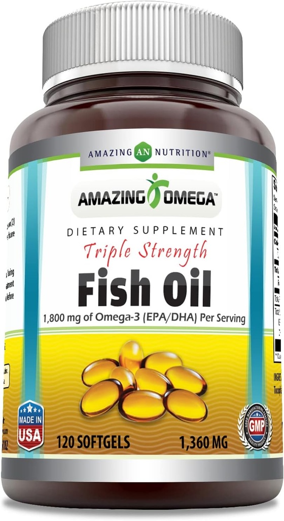 Sorprendente Omega Triple Strength Fish Oil (Omega-3, EPA/DHA) Supplemento | 1360 Mg Per Serving | 120 Softgels | Non OGM | Gluten-Free | Made in USA