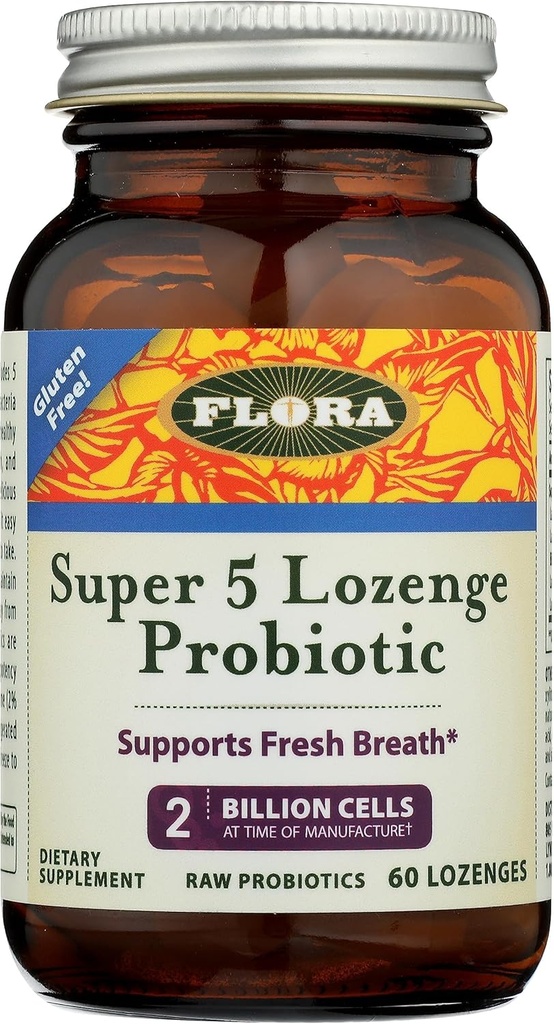 Flora - Super 5 Lozenge Probiotico, Probiotico orale aromatizzato al lampone, Buono per il cattivo respiro, Cinque Strains con 2 miliardi di CFU, Regain e Mantenere la salute del fegato, RAW, 60 Lozenges