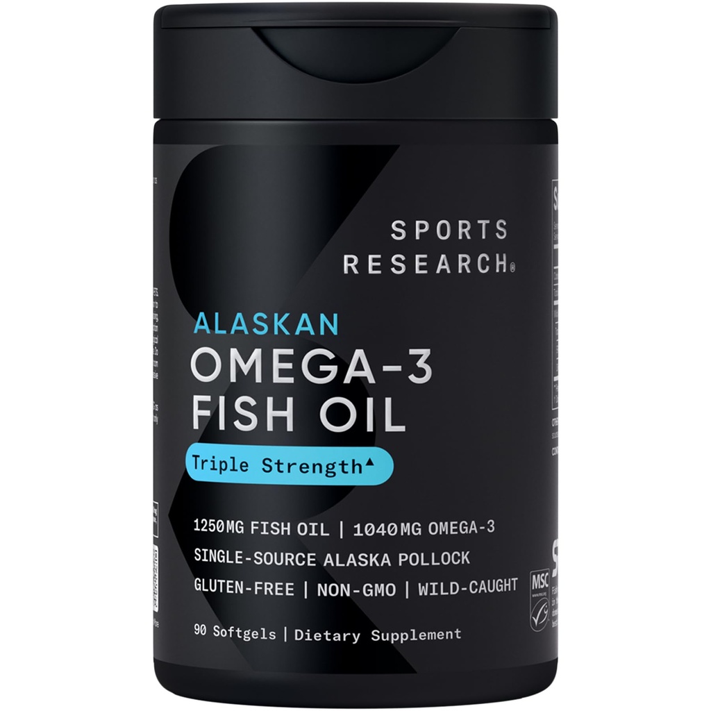 Ricerca sportiva Triple Strength Omega 3 Fish Oil - Burpless Fish Oil Supplement w/EPA & DHA acidi grassi da Single-Source Wild Alaska Pollock - 1250 mg, 90 ct