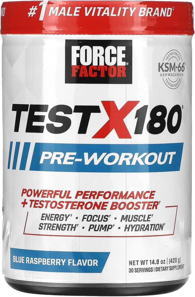 FORCE FACTOR Test X180 Pre-Workout Polvere & Energy Supplement, Boost Focus & Endurance, Costruisci muscolo e resistenza, Nitric Oxide Supplemento con Ashwagandaha & L-Citrulline, Blue Raspberry, 30 Servings