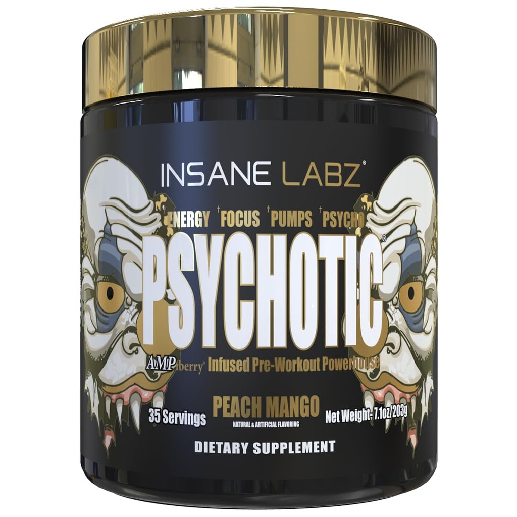 Insane Labz Psychotic Gold, High Stimulant Pre Workout Powder, Extreme Lasting Energy, Pompe e Endurance con Beta Alanine, DMAE Bitartrate, NO Booster (35 Serve, Peach Mango)