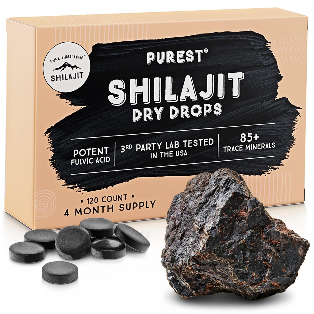 Pure Himalayan Shilajit Dry Drops, 100% Pure Natural Shilajit, Grade A, Max Potency 85+ Clean Trace Minerals & Fulvic Acid for Energy, Metabolism & Immune Support Supplement for Men & Women (120 schede)