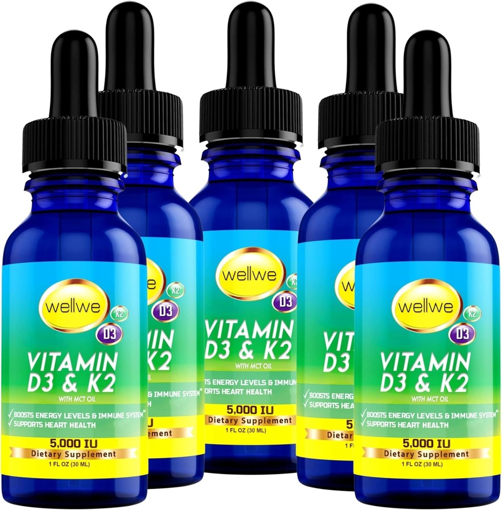 Vitamina liquida D3 K2 Gocce 5000 IU - Vegan, senza gusto, nessun odore, senza soia, senza glutine, senza glutine, non OGM, 1000 IU per goccia, aumenta i livelli di energia e sistema immunitario, supporta la salute del cuore (5 pacchetto)