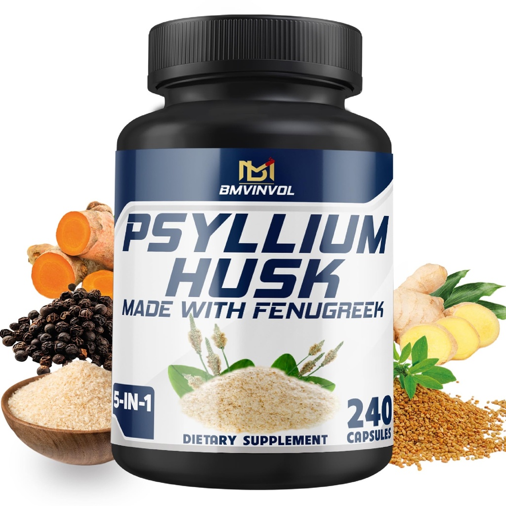 BMVINVOL Psyllium Husk Capsules Fibra Supplemento con fieno greco, curcuma, zenzero, pepe nero - Supporto Digestivo System, Intestinal Health - 240 Conteggio per 4 mesi di fornitura