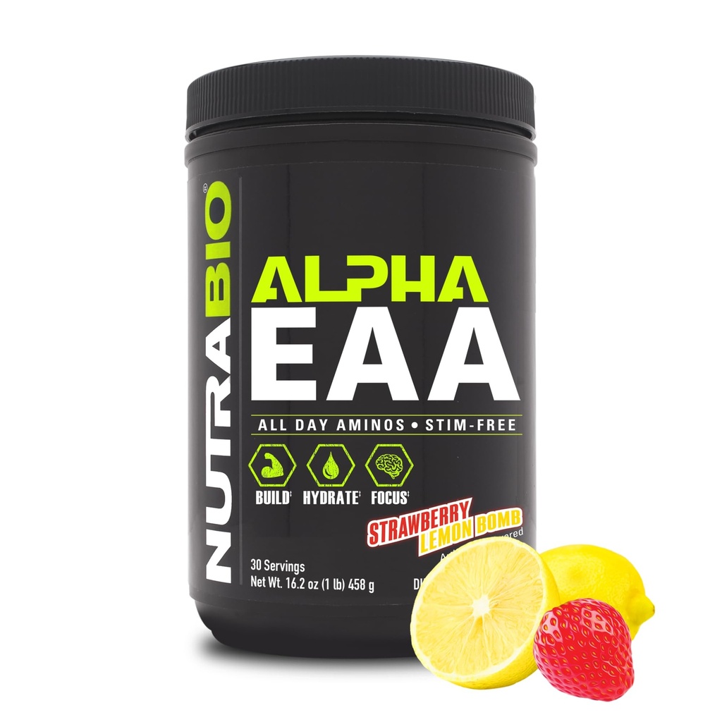 NutraBio Alpha EAA - Aminoacidi All-Day per la crescita del muscolo e l'idratazione - Aminoacidi essenziali con Nootropics & Adaptogens- Polvere EAA BCAA a spettro completo - 30 Serve - Limone di fragola