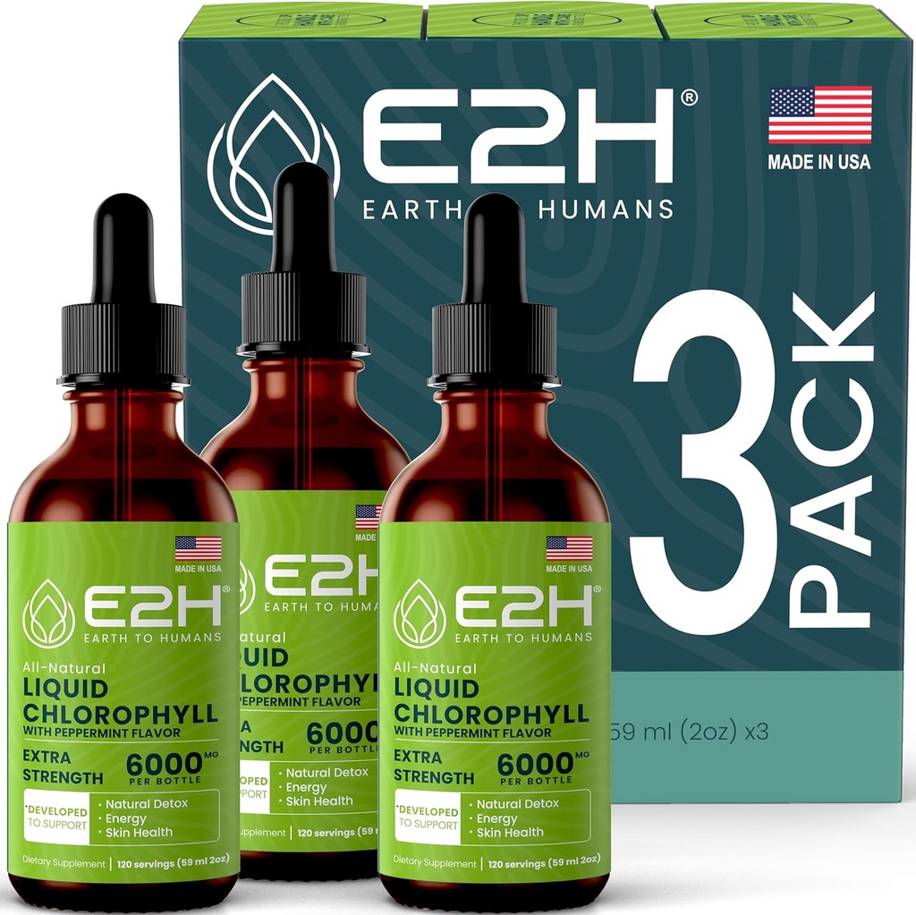 E2H Chlorophyll Liquid Drops - Natural Energy Booster, Immune System Support and Internal Deodorant - Peppermint Flavor - (3 bottiglie)