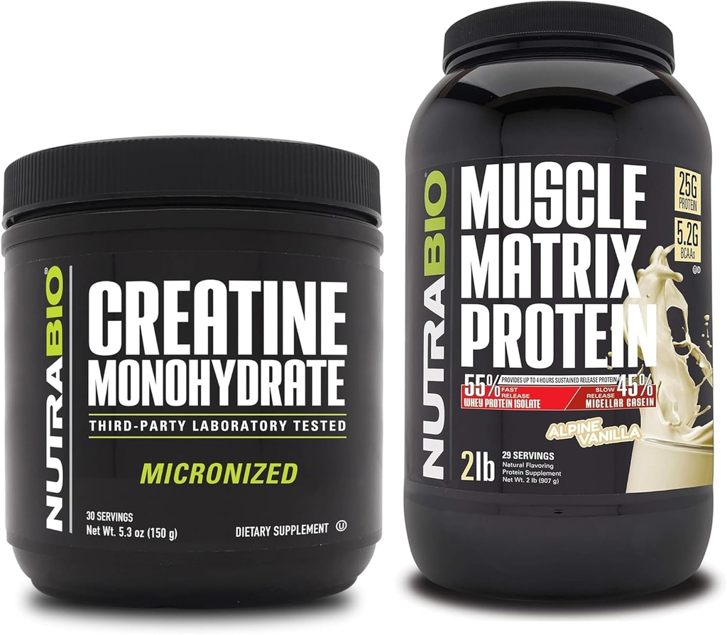 NutraBio Creatina monoidrato, non aromatizzato, (150 g) e polvere proteica matrice del muscolo, (Vanilla) supplemento Bundle – energia muscolare, crescita massima, recupero e resistenza