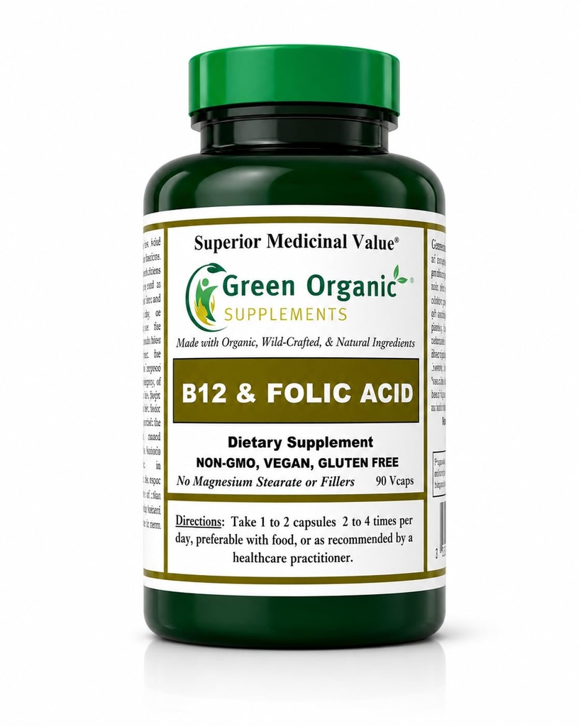 Integratori organici verdi (Pack-1) Vitamina B12 & Acido Folico, 1000mcg, 90 VCaps, Fatto a mano, Vegan, Non OGM, Supporti Funzionamento del sistema nervoso, e L'integrità della pelle, Capelli e fegato