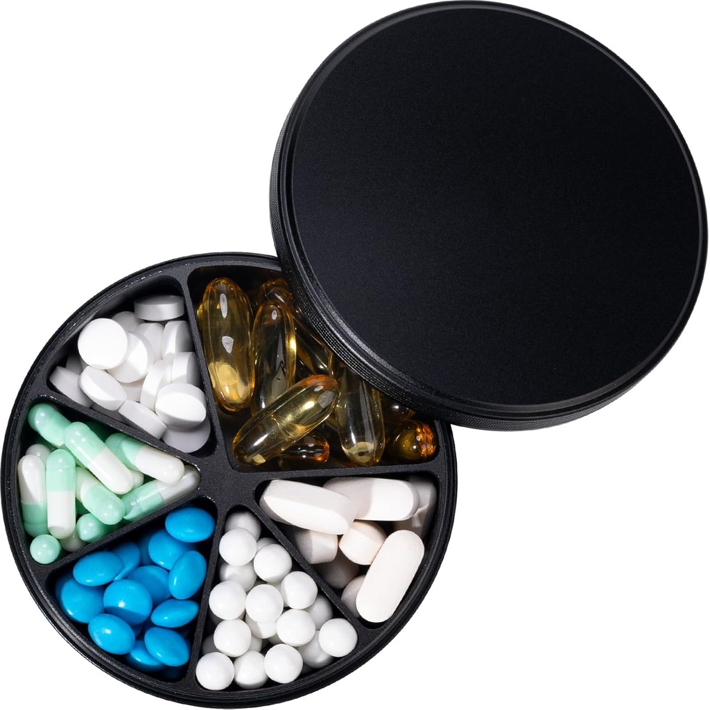 Organizzatore di pillole con 6 scomparti - Heavy Duty Metal Daily Pill Case, Large Pill Container Holder, Scatola di pillole per l'erogazione di farmaci impermeabili per la medicina del supplemento di vitamina Fish Oils, 0.38lb, Nero