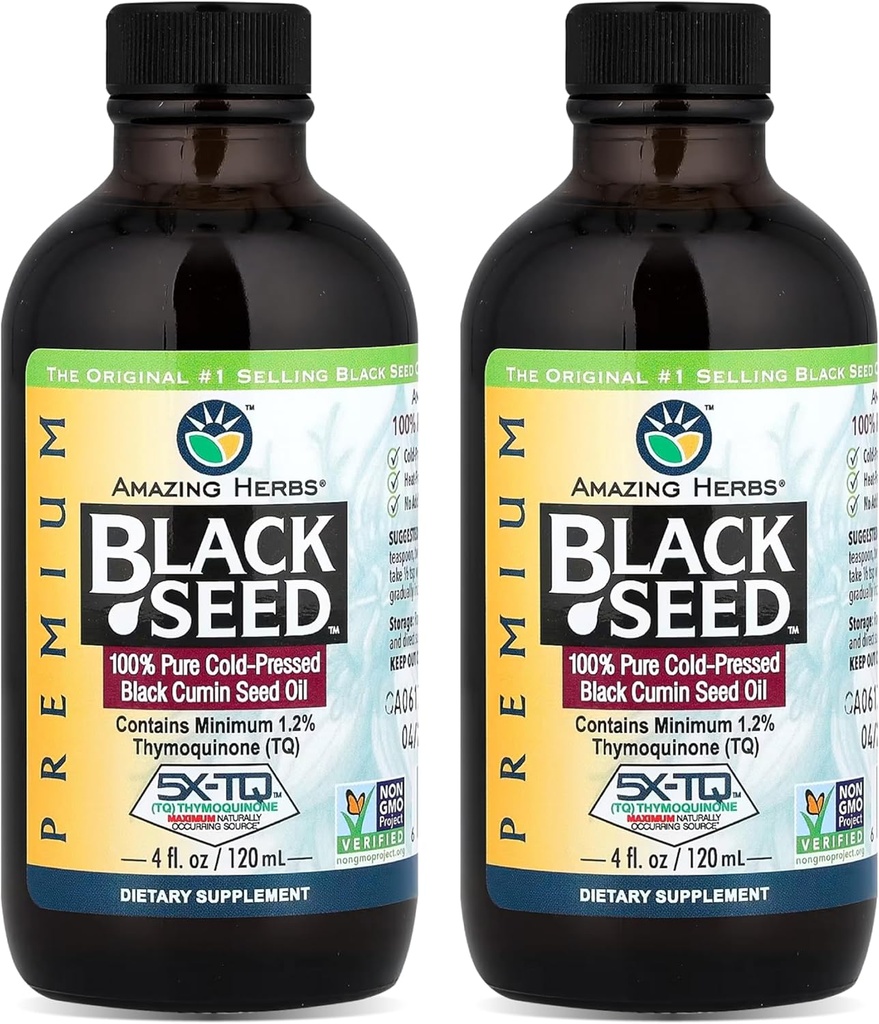 Amazing Herbs Premium Black Seed Oil - Gluten Free, Non OGM, Cold Pressed Nigella Sativa Aids in Digestive Health, Supporto immunitario, Funzione cerebrale, Mobilità congiunta - 4 Fl Oz (Pack of 2)