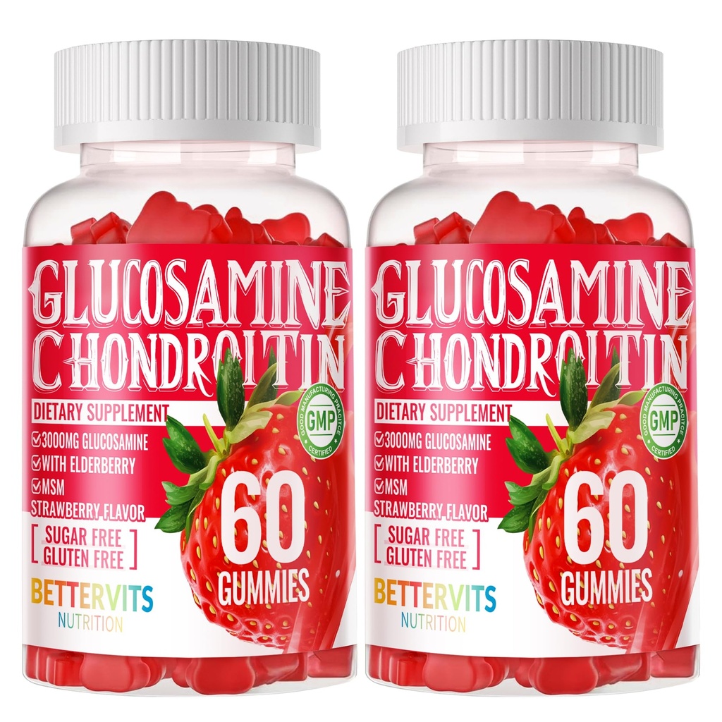 Glucosamina Condroitin Gummies con MSM & Elderberry Extra Strength - Supporto congiunto, Antiossidante Integratore di Supporto Immune per Adulti, Uomini & Donne. 120 Gummie di fragole