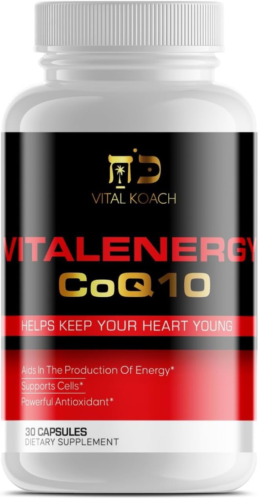 Vitalenergy CoQ10 Ubiquinone 200mg, 30 Capsule, Supporta la salute cardiovascolare, la produzione di energia cellulare e antiossidante, bianco/rosso/nero
