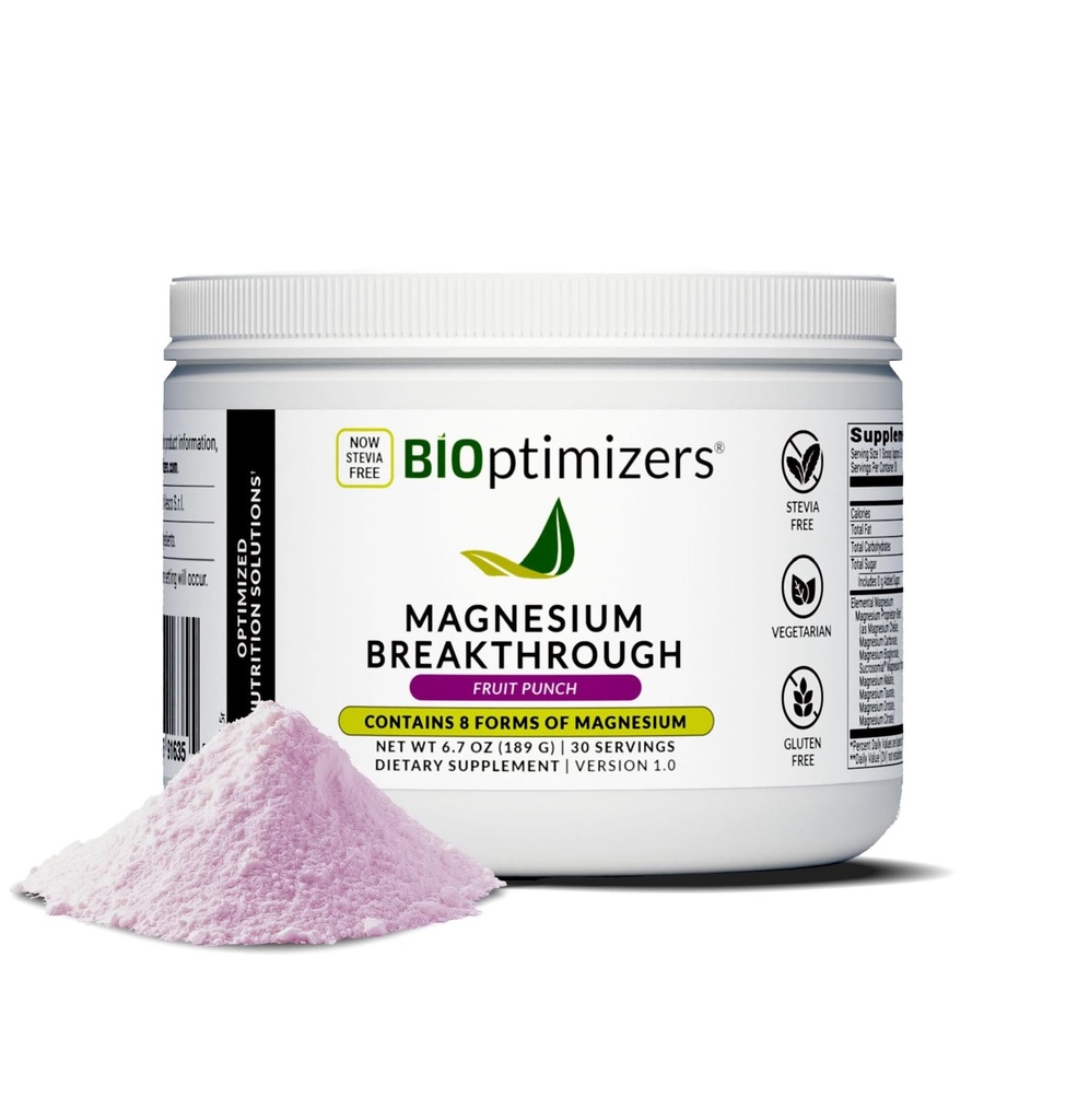 BIOptimizers Magnesium Breakthrough Drink - 8 forme di magnesio, elettroliti, salute del sonno, stress, recupero del muscolo, supporto cardiaco | Glycinate, Citrate, Malate - Fruit Punch