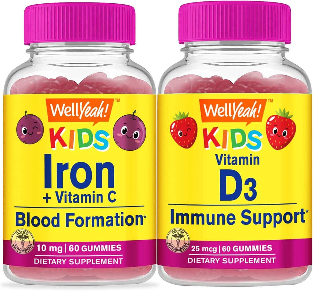 Wellye ferro + vitamina C bambini + vitamina D3 bambini, Gummies Bundle - Grande degustazione, supplemento di vitamina, senza glutine, OGM libero, pancia masticabile