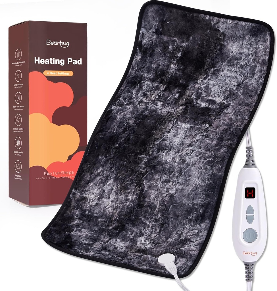Cuscinetto XXL Electric Heated Pad 17''x33'''' Doppio Sied Faux Fur Heat Pad, 6 Livelli di calore, Auto-Off 2 ore, Moist & Dry Heat Terapia per Back Pain Relief, Lavabile a macchina, Certificato ETL - Gift Box