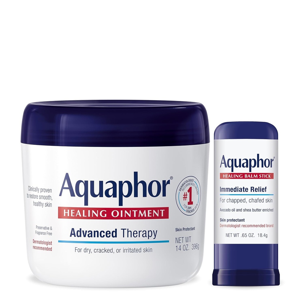 Aquaphor Advanced Therapy Healing Ointment Skin Protectant (14 Oz) + Healing Balm Stick con Avocado Oil and Shea Butter (0.65 Oz)