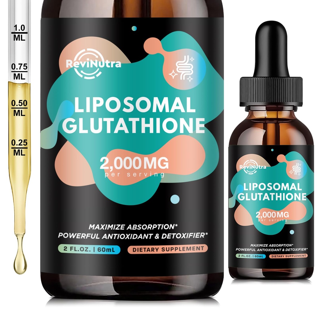 Liposomal Glutathione Supplemento - 2000mg Glutathione Liquid Drops with Vitamin C, Curcumina & Trans-Resveratrolo - Potente Antiossidante per Immune, Salute della pelle, Difesa di invecchiamento & Detox del fegato - 2 Fl Oz