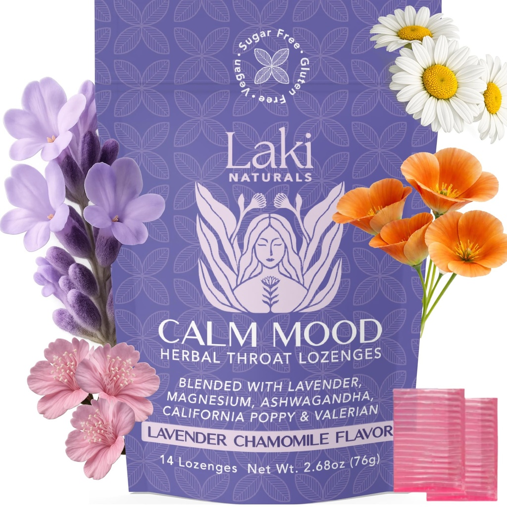 Laki Naturals Lavender Chamomile Calm Mood Functional Herbal Lozenges (14ct) Throat & Calming Hard Candies with Magnesium, Ashwagandha, California Poppy & Valerian. Vegan, senza zucchero, senza glutine