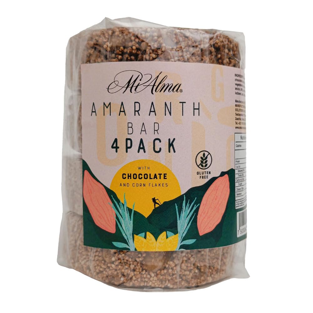 Mi Alma, 4 BAR PACK Amaranth Bar con fiocchi di cioccolato e mais PREMIUM, Barra de Amaranto con Cioccolato, Super Food, Gluten Free, Snack sano, 8.4 oz