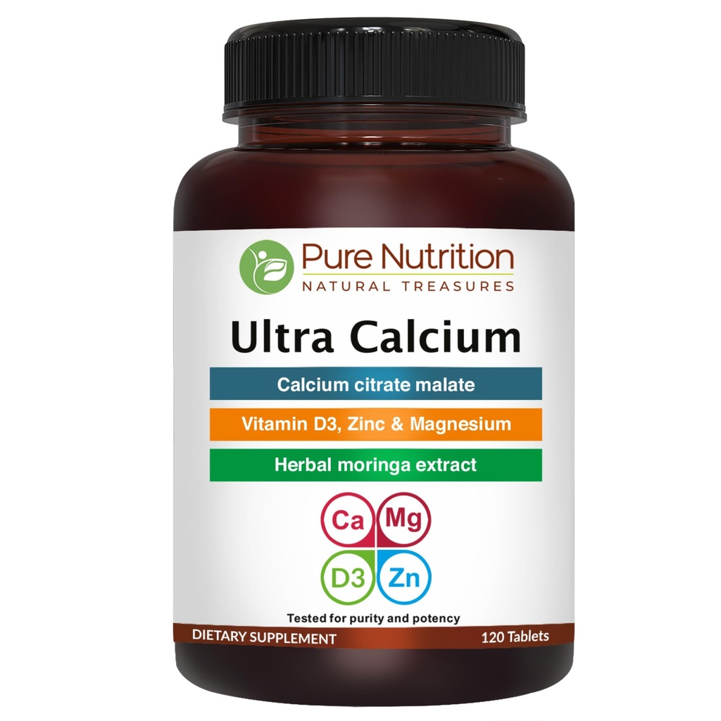 Pure Nutrition Ultra Calcium 1000mg con VIT D3 + K2 | 120 Tab | Supplemento Calcium altamente assorbibile con Calcium Citrate Malate, VIT D3, K2, Moringa Oleifera, Magnesio e Zinco.