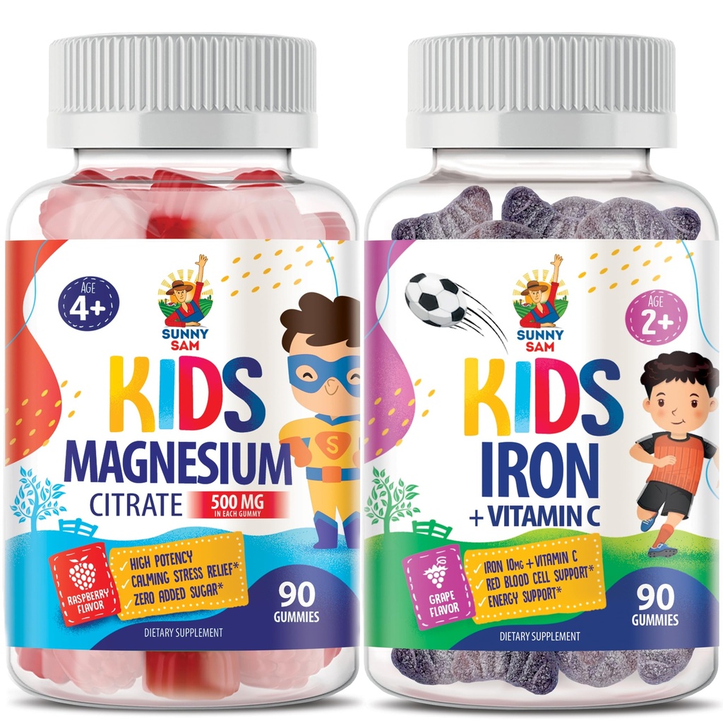 SUNNY SAM Iron Gummies for Kids & Magnesium Gummies for Kids & Adults - 500mg - Calma Magnesium Chews - Magnesium Citrate Chewable Supplement per Mood & Muscle Support