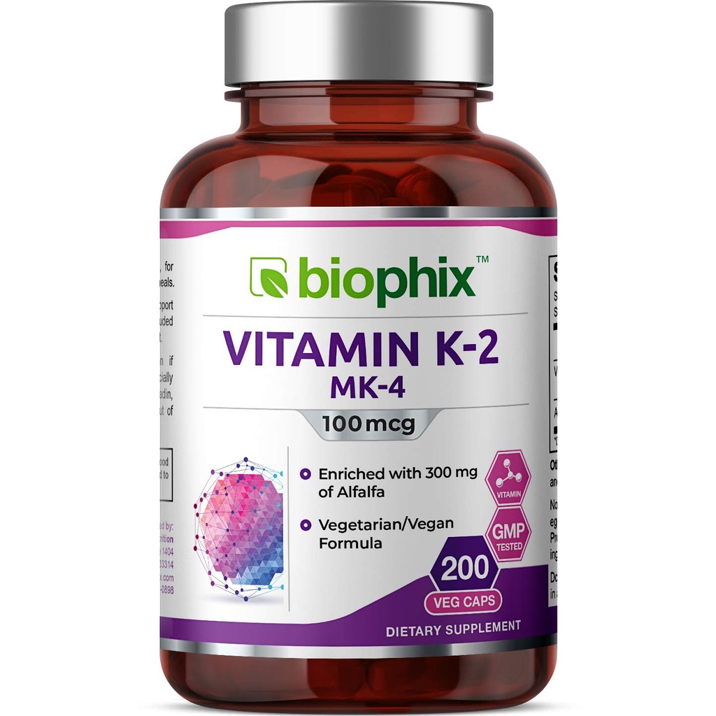 biophix Vitamin K2 MK-4-100 mcg 200 Caps con Alfalfa - Supporta le ossa forti Salute immunitaria