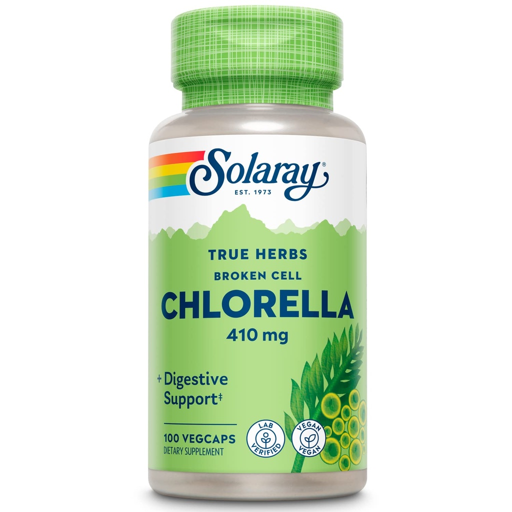 SOLARAY Broken Cell Chlorella 410 mg | Nutrient-Rich Superfood w/Naturally Occurring Protein, Vitamine, Minerali, Chlorophyll | Non-GMO | 100 VegCaps