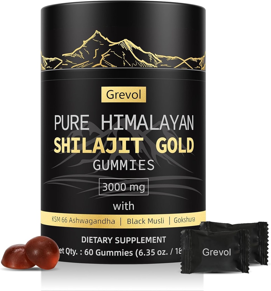 Himalayan Shilajit Gummies: Gold Grade Shilajit Ricco con Ashwagandha Acido Fulvic & 85+ Minerali Trace - No Aggiunto Zucchero - Individualmente Wrapped - per Uomini & Donne - 60 Gummy
