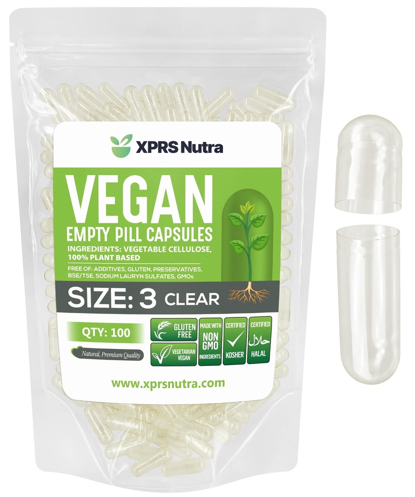 XPRS Nutra Size 3 capsule vuote - 100 conteggio capsule vegane vuote - Pillole vegetariane - Capsule vegetali fai da te Riempimento - capsule di verdure