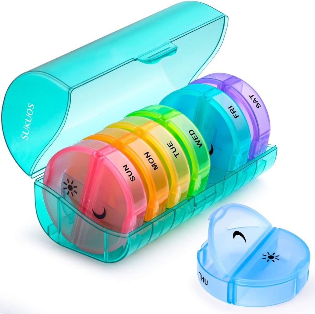 Sukuos Large Weekly Pill Organizer 2 volte al giorno, Daily Pill Box 7 giorni Facile da aprire con doppia protezione, AM PM Pill Case for Medicine/Vitamin/Fish Oil/Supplements (Cyan)