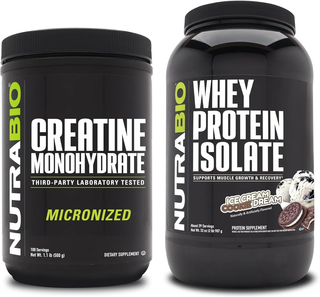 NutraBio Creatina monoidrato, non aromatizzato, 500g e isolato di proteine del siero, gelato Cookie Dream, supplemento Bundle - energia muscolare, crescita muscolare magra, recupero e resistenza