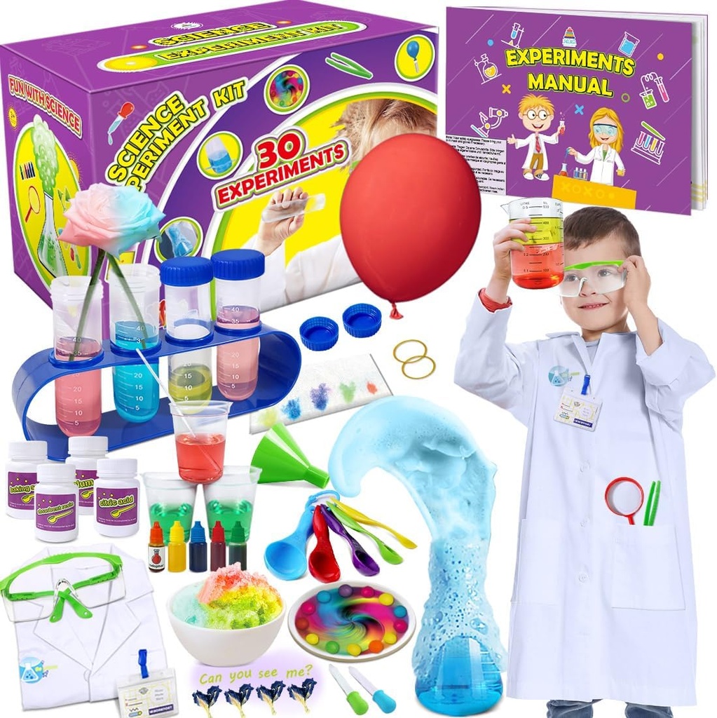 UNGLINGA 30 Esperimenti Science Kit per Bambini con Cappotto di laboratorio, Set di chimica Giocattoli STEM Regali di compleanno per ragazzi Ragazze, Costume di scienziato Role Play Tools Set di apprendimento educativo