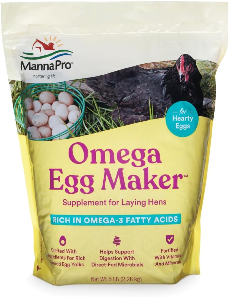 Manna Pro Omega Egg Maker, supplemento di alimentazione di pollo per le galline di cottura, cibo di pollame con acidi grassi Omega-3, supporto di digestione con vitamine e minerali fortificati, 5 lbs