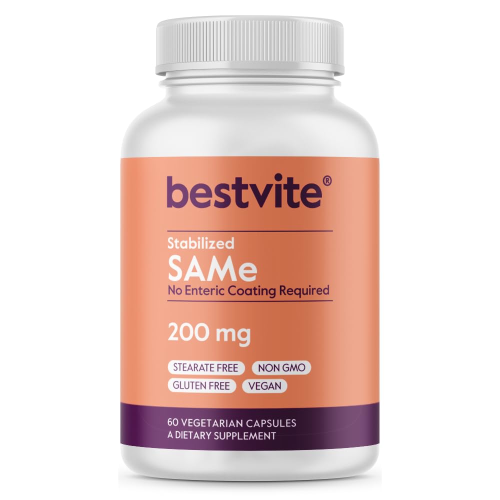 BESTVITE SAM-e 200mg stabilizzato (60 capsule vegetariane) - Facile da ingoiare capsula Forma - Nessun cappotto enterico bisogno - No Titanium Dioxide - No Stearates - Vegan - Non OGM - Gluten Free