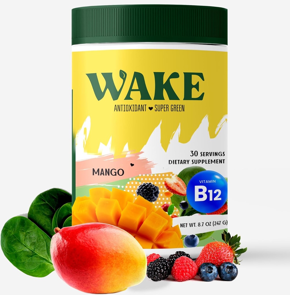 Wake Antiossidante Super Greens, Best Natural Powder Superfood, Spirulina & Chlorella, Vitamina B12, Non OGM Vegan Drink, Juice & Smoothie Blend, Enzimi, Probiotici, Acai Berry & Camu