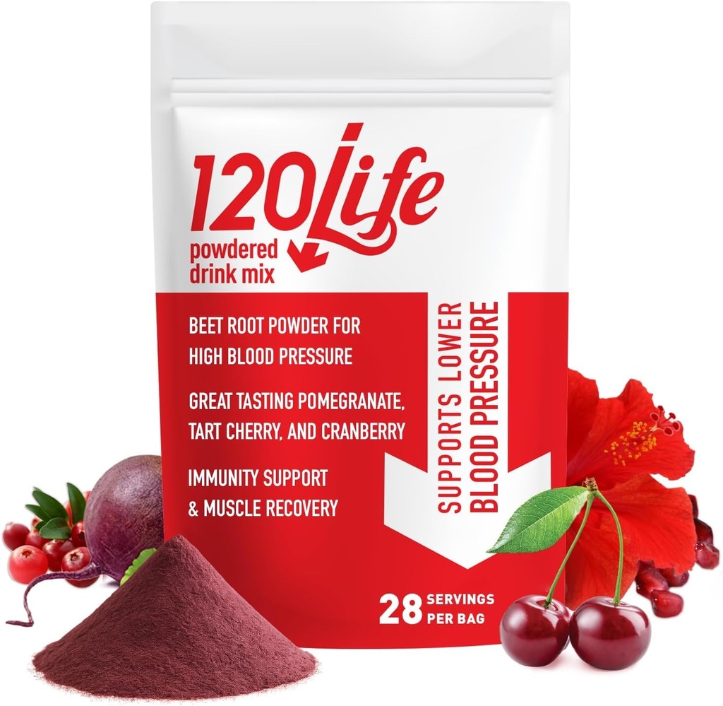 Supporto per la pressione sanguigna 120LIFE, miscela naturale della bevanda della radice della barbabietola con polvere di melograno, supplemento di mirtillo, ciliegia di tart, isbisco e magnesio (28 porzioni) - senza glutine, vegan