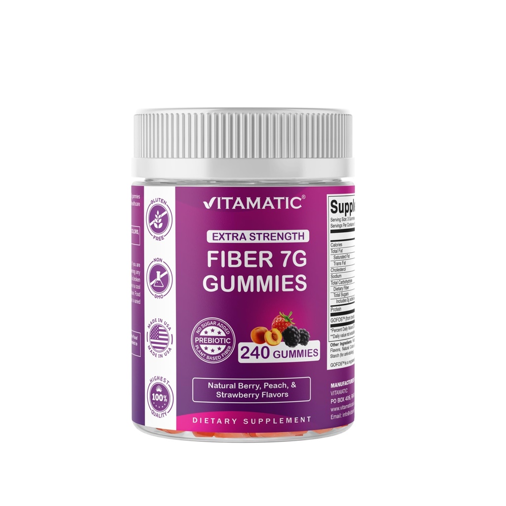 Vitamatici Prebiotici Fibre Gummies per Adulti, 7G Extra Forza, Zero Sugar Aggiunto, 240 Pectin Basato Gummies, Digestive Health & Regularity Support
